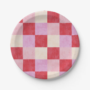 chequerboard valentine plaid red pink cream preppy paper plate