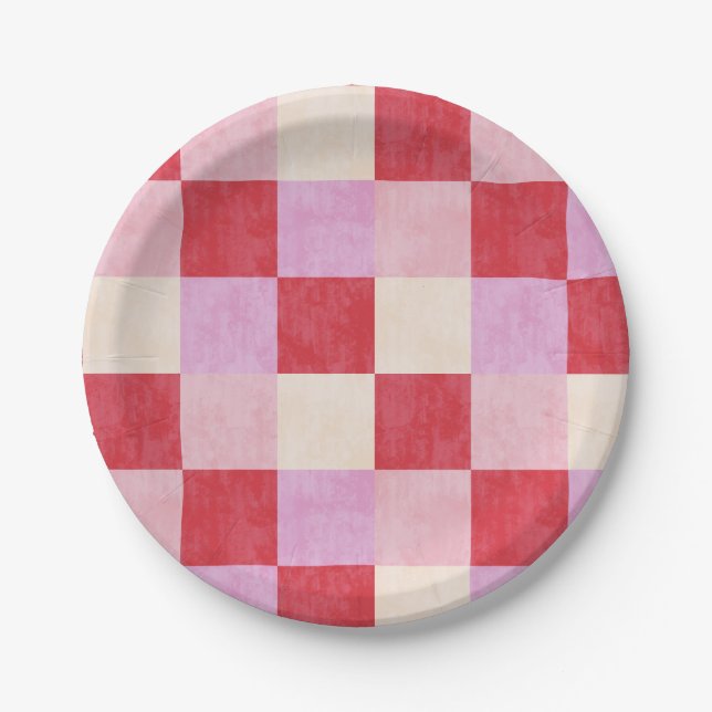 chequerboard valentine plaid red pink cream preppy paper plate (Front)