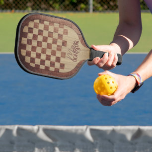 Chequerboard Wood Marquetry Imitation with Name Pickleball Paddle