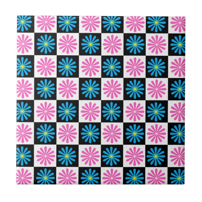 Chequered Abstract Pink and Blue Flower Ceramic Tile (Front)