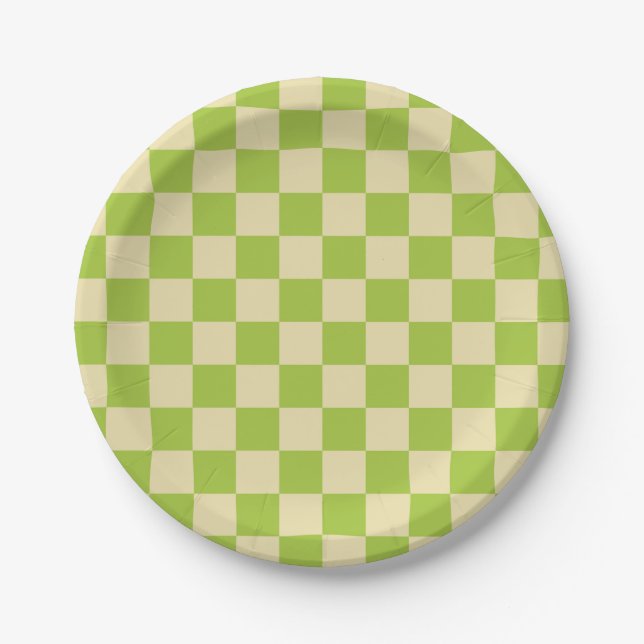 Chequered Apple Green and Beige Paper Plate (Front)