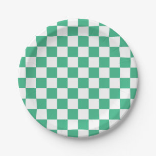 Chequered Aqua Green and White Paper Plate
