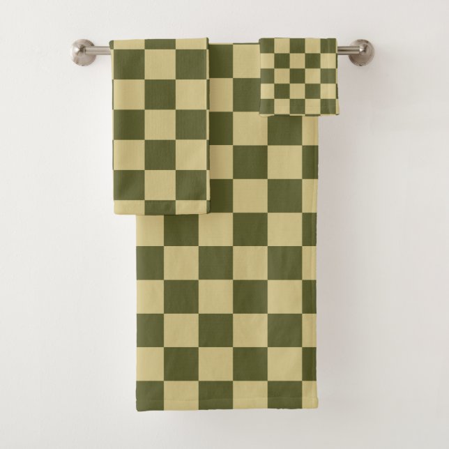 Chequered Army Green and Khaki Bath Towel Set (Insitu)