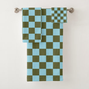 Chequered Army Green and Pastel Blue Bath Towel Set