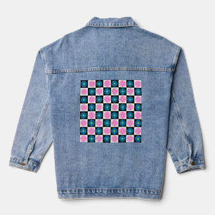 Chequered Aster Pink Blue Floral Abstract Denim Jacket
