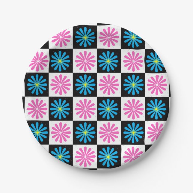 Chequered Aster Pink Blue Floral Abstract  Paper Plate (Front)