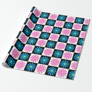 Chequered Aster Pink Blue Floral Abstract  Wrapping Paper