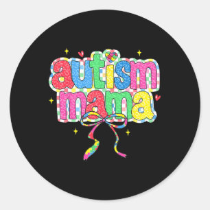 Chequered Autism Mama Coquette Bow Autism Awarenes Classic Round Sticker