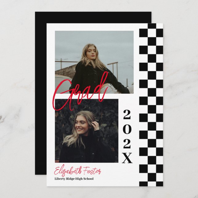 Chequered b&w with red graduation Invitation (Front/Back)