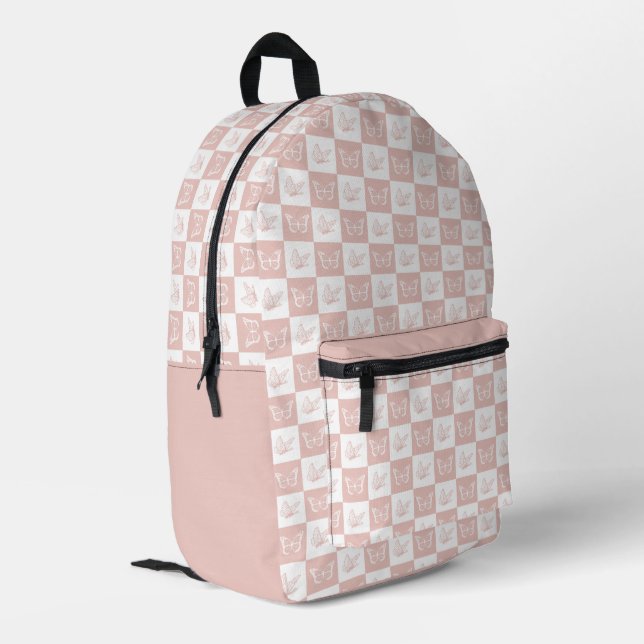 Chequered Baby Pink and White Butterfly Pattern Printed Backpack (Back Corner Left)