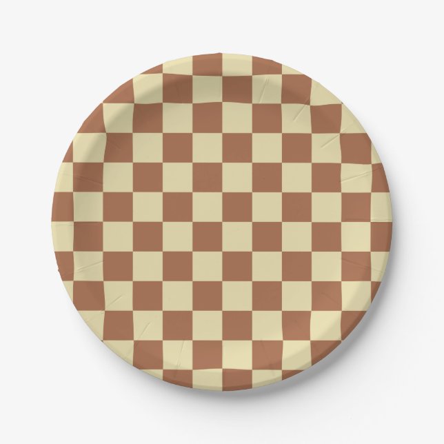 Chequered Beige and Brown Paper Plate (Front)