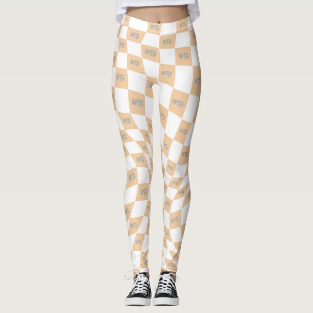 chequered beige and grey modern retro  leggings (Front)