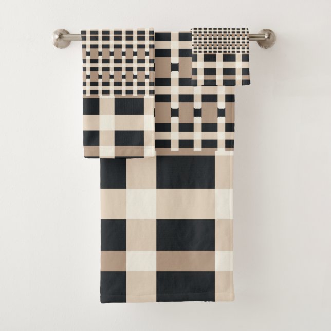 Chequered Beige Brown Bath Towel Set (Insitu)