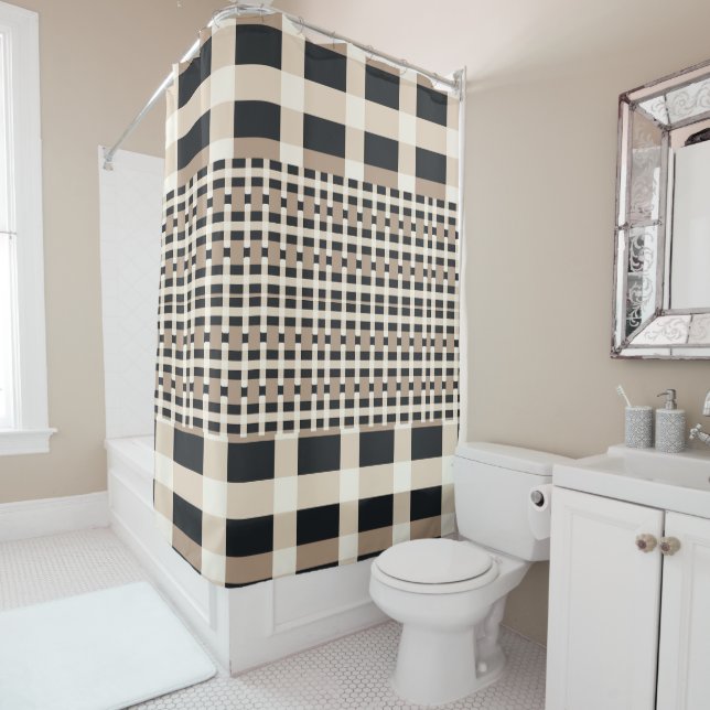 Chequered Beige Brown Shower Curtain (In Situ)