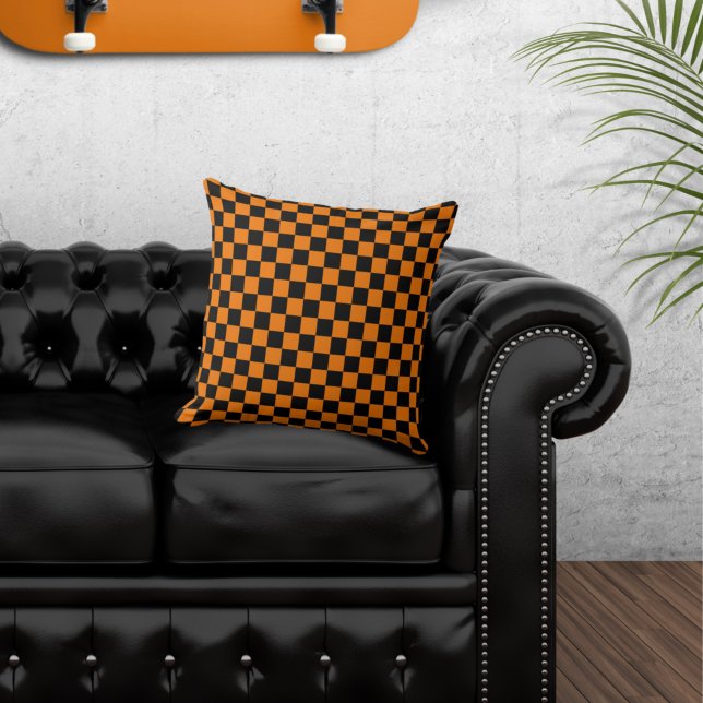 Chequered Black and Orange Throw Pillow (Creator Uploaded)