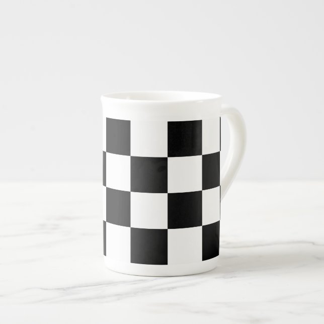 Chequered Black and White Bone China Mug (Front Right)