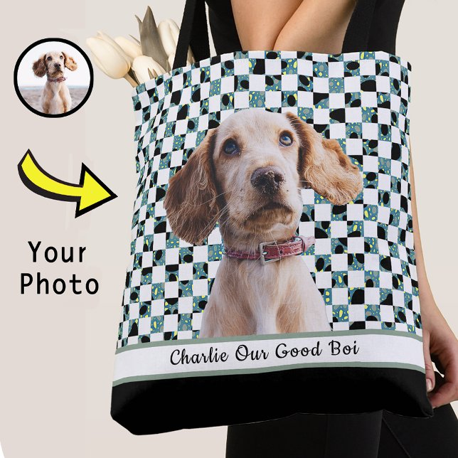 Chequered Black and White Dog Photo to Mum Grandma Tote Bag (Creator Uploaded)