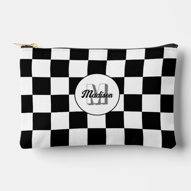 Chequered Black and White geometric retro Monogram Accessory Pouch (Front)