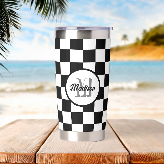 Chequered Black and White geometric retro Monogram Insulated Tumbler (Beach)
