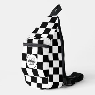 Chequered Black and White geometric retro Monogram Sling Bag
