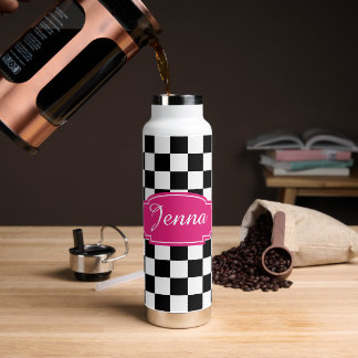 Chequered black and white hot pink label water bottle