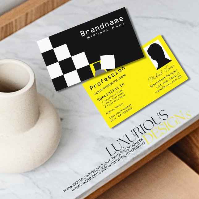 Chequered Black and White Modern Yellow with Photo Business Card (Creator Uploaded)