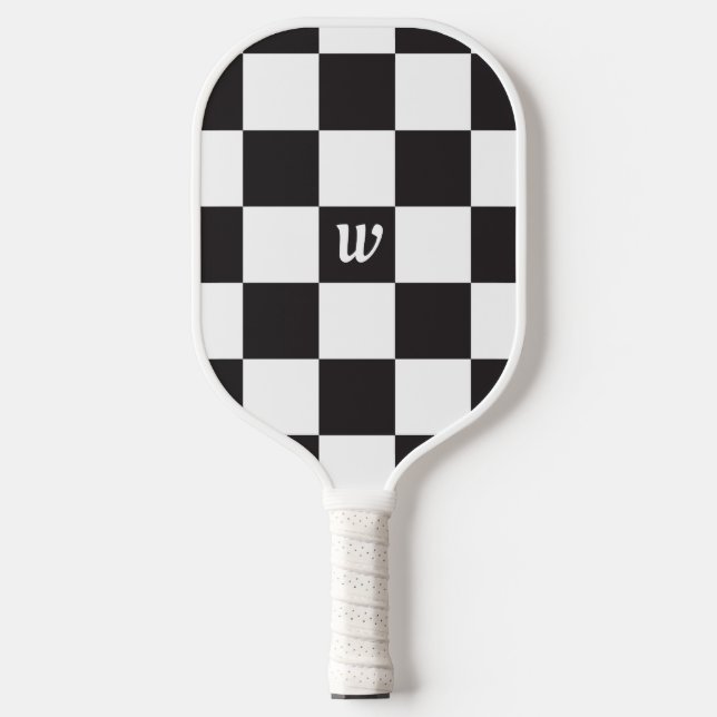 Chequered Black and White Monogram Pickleball Paddle (Front)