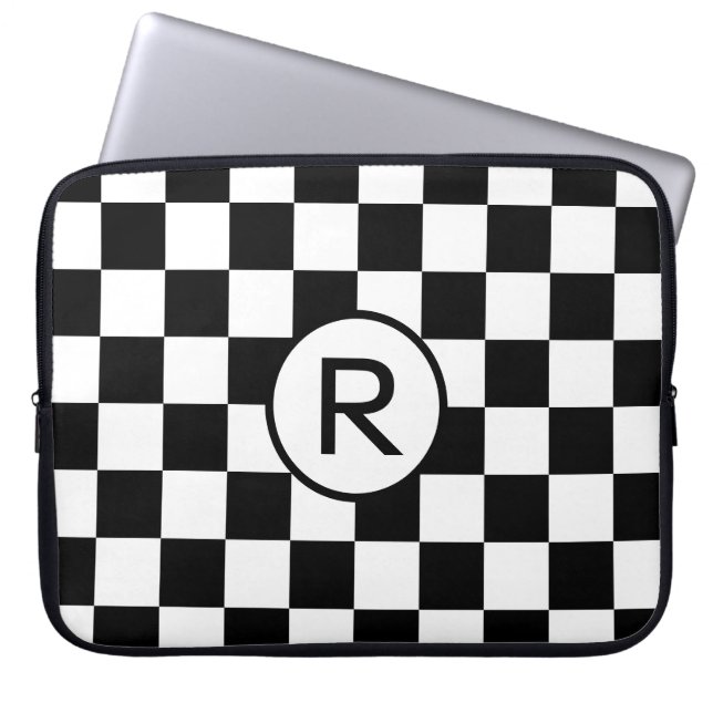 Chequered Black and White Pattern with Monogram Laptop Sleeve (Front)