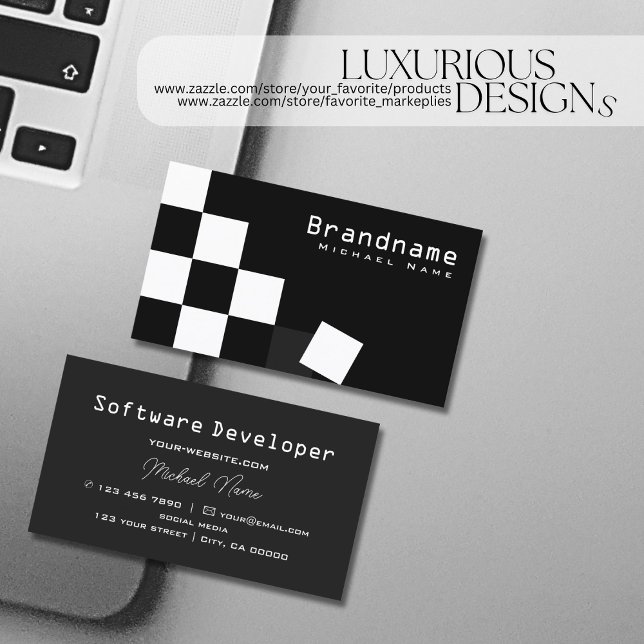Chequered Black and White Stylish Dark Grey Modern Business Card (Creator Uploaded)