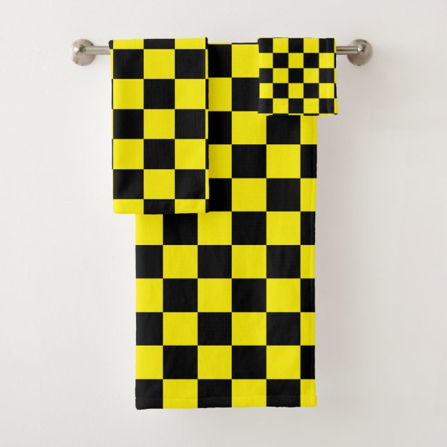 Chequered Black and Yellow Bath Towel Set (Insitu)