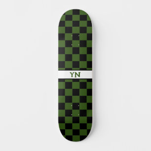 Chequered Black & Dark Green Custom Name Initials Skateboard