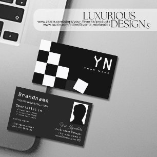 Chequered Black Dark Grey with Monogram and Photo Business Card
