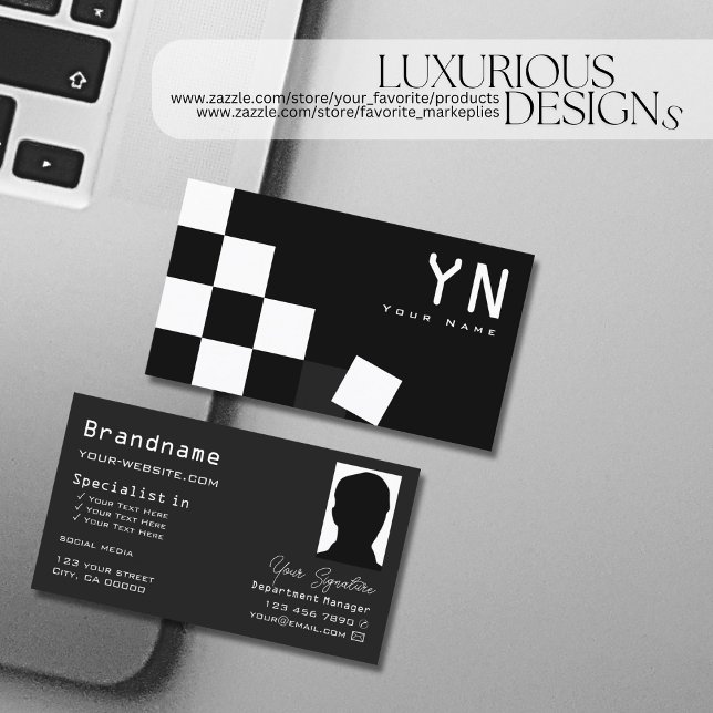 Chequered Black Dark Grey with Monogram and Photo Business Card (Creator Uploaded)