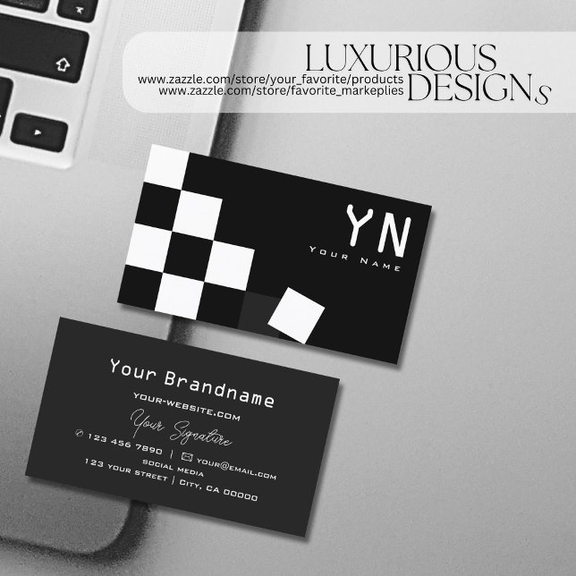Chequered Black Dark Grey with Monogram Modern Business Card (Creator Uploaded)