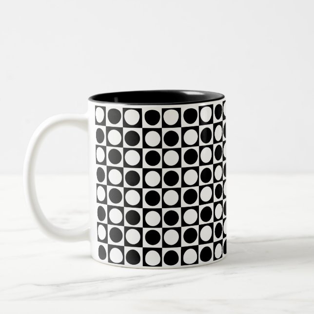 Chequered Black White Circles Pattern Design  Two-Tone Coffee Mug (Left)