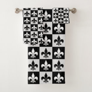 Chequered Black White Fleur-De-Lis Pattern  Bath Towel Set