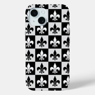 Chequered Black White Fleur-De-Lis Pattern iPhone 15 Case