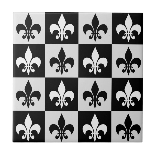 Chequered Black White Fleur-De-Lis Pattern  Ceramic Tile (Front)