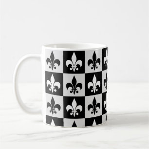 Chequered Black White Fleur-De-Lis Pattern Coffee Mug