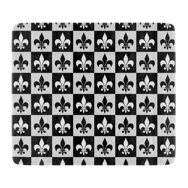 Chequered Black White Fleur-De-Lis Pattern  Cutting Board (Front)