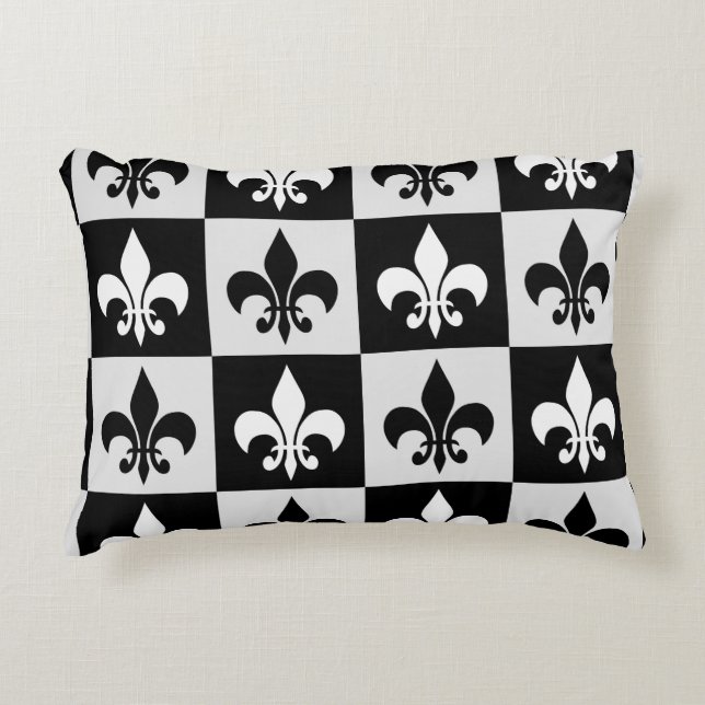 Chequered Black White Fleur-De-Lis Pattern  Decorative Cushion (Front)