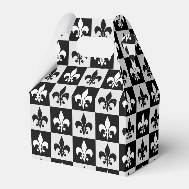 Chequered Black White Fleur-De-Lis Pattern  Favour Box (Front Side)