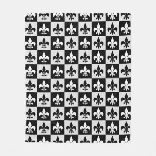 Chequered Black White Fleur-De-Lis Pattern Fleece Blanket