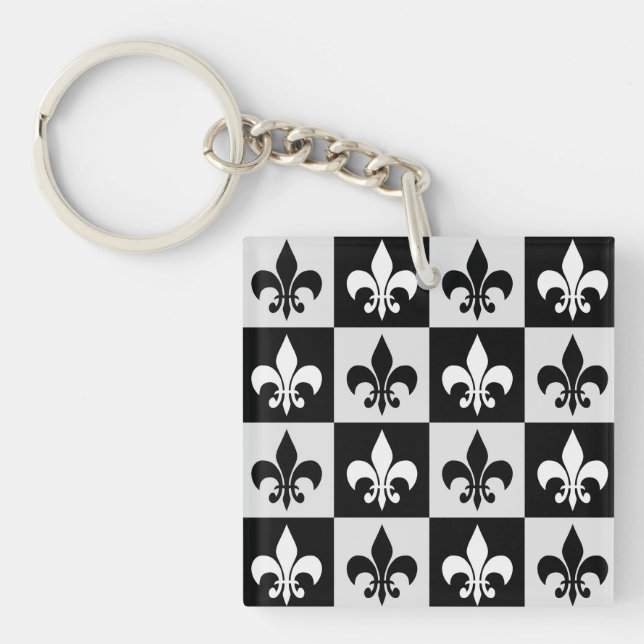 Chequered Black White Fleur-De-Lis Pattern  Key Ring (Front)