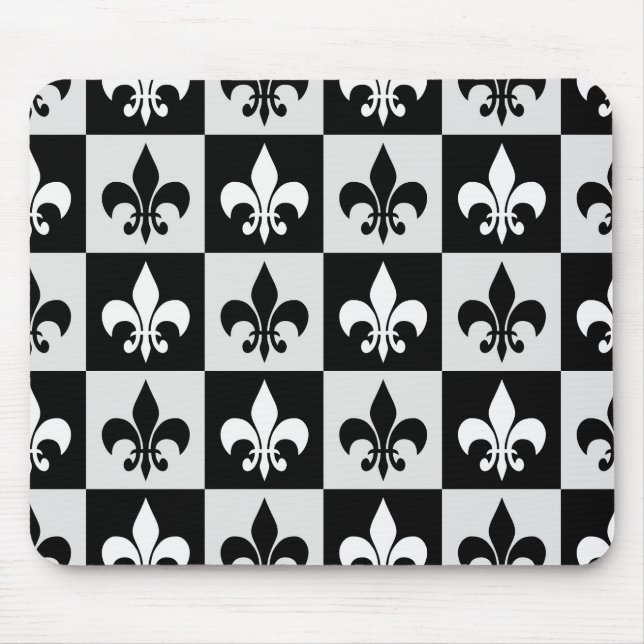 Chequered Black White Fleur-De-Lis Pattern  Mouse Pad (Front)