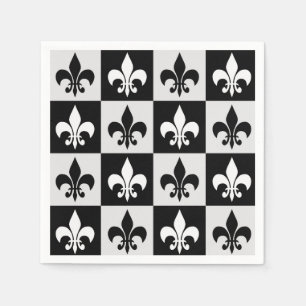 Chequered Black White Fleur-De-Lis Pattern Napkin