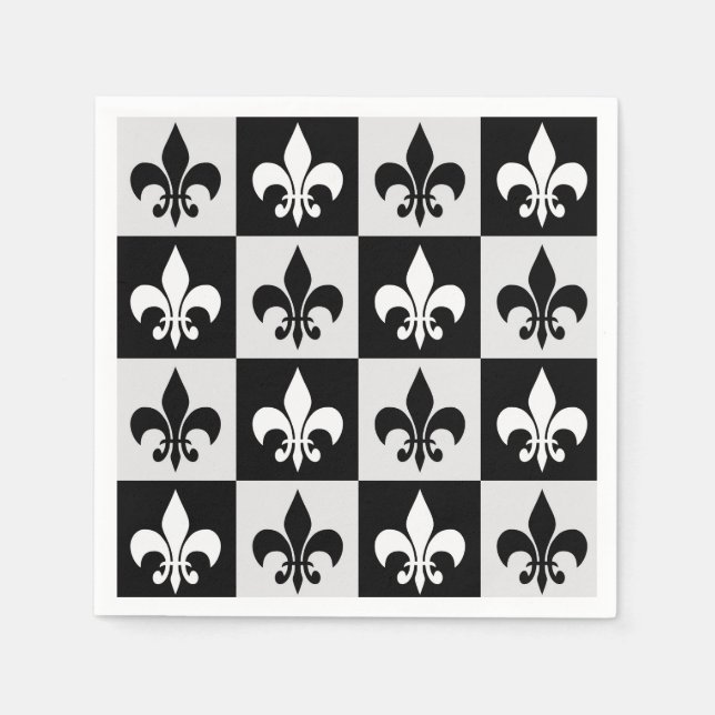 Chequered Black White Fleur-De-Lis Pattern  Napkin (Front)