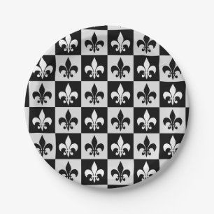 Chequered Black White Fleur-De-Lis Pattern  Paper Plate