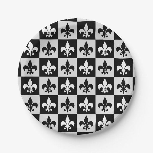 Chequered Black White Fleur-De-Lis Pattern  Paper Plate (Front)