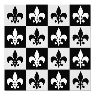Chequered Black White Fleur-De-Lis Pattern  Photo Print
